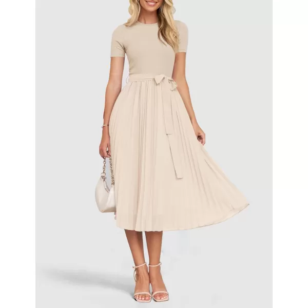 imageZESICA Womens 2024 Summer Casual Short Sleeve Crewneck Ribbed Knit Belted Chiffon Layered Pleated A Line Midi DressApricot