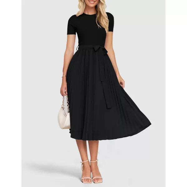 imageZESICA Womens 2024 Summer Casual Short Sleeve Crewneck Ribbed Knit Belted Chiffon Layered Pleated A Line Midi DressBlack