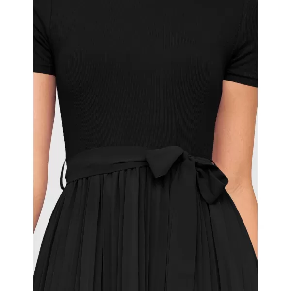 imageZESICA Womens 2024 Summer Casual Short Sleeve Crewneck Ribbed Knit Belted Chiffon Layered Pleated A Line Midi DressBlack