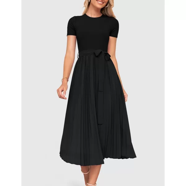 imageZESICA Womens 2024 Summer Casual Short Sleeve Crewneck Ribbed Knit Belted Chiffon Layered Pleated A Line Midi DressBlack