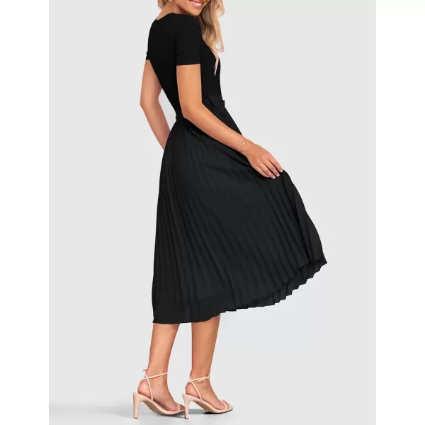 imageZESICA Womens 2024 Summer Casual Short Sleeve Crewneck Ribbed Knit Belted Chiffon Layered Pleated A Line Midi DressBlack