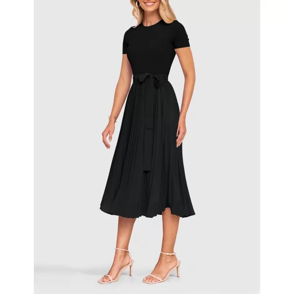 imageZESICA Womens 2024 Summer Casual Short Sleeve Crewneck Ribbed Knit Belted Chiffon Layered Pleated A Line Midi DressBlack