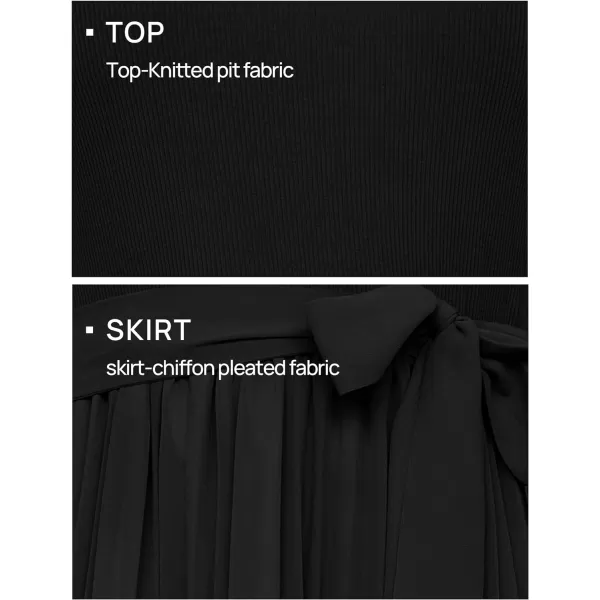 imageZESICA Womens 2024 Summer Casual Short Sleeve Crewneck Ribbed Knit Belted Chiffon Layered Pleated A Line Midi DressBlack