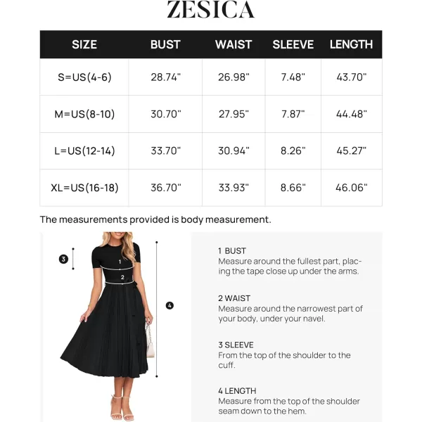 imageZESICA Womens 2024 Summer Casual Short Sleeve Crewneck Ribbed Knit Belted Chiffon Layered Pleated A Line Midi DressBlack