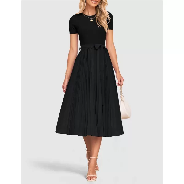 imageZESICA Womens 2024 Summer Casual Short Sleeve Crewneck Ribbed Knit Belted Chiffon Layered Pleated A Line Midi DressBlack