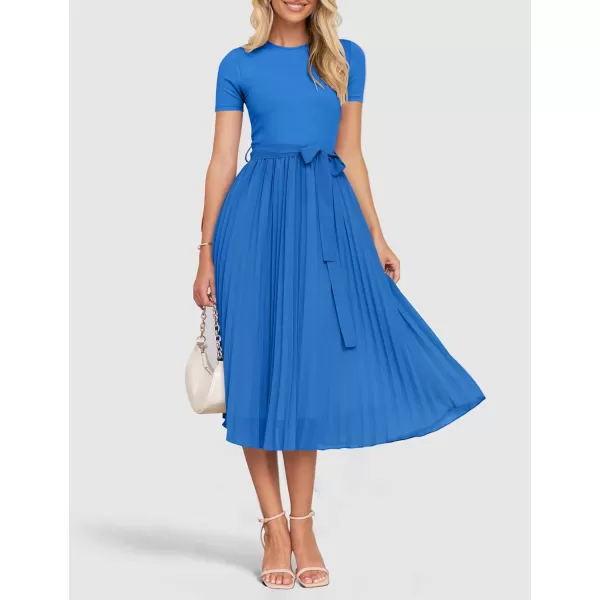 imageZESICA Womens 2024 Summer Casual Short Sleeve Crewneck Ribbed Knit Belted Chiffon Layered Pleated A Line Midi DressCobalt Blue