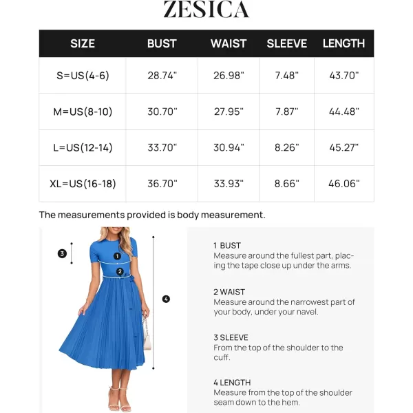 imageZESICA Womens 2024 Summer Casual Short Sleeve Crewneck Ribbed Knit Belted Chiffon Layered Pleated A Line Midi DressCobalt Blue