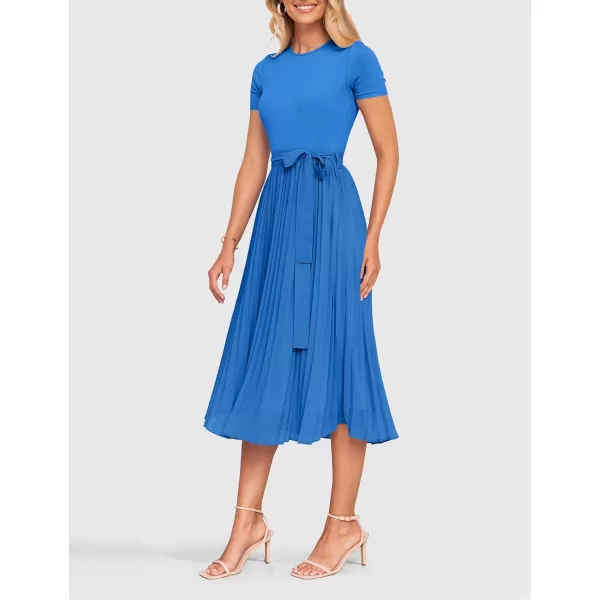 imageZESICA Womens 2024 Summer Casual Short Sleeve Crewneck Ribbed Knit Belted Chiffon Layered Pleated A Line Midi DressCobalt Blue