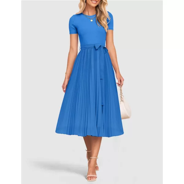 imageZESICA Womens 2024 Summer Casual Short Sleeve Crewneck Ribbed Knit Belted Chiffon Layered Pleated A Line Midi DressCobalt Blue