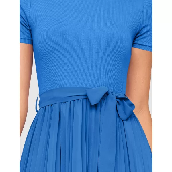 imageZESICA Womens 2024 Summer Casual Short Sleeve Crewneck Ribbed Knit Belted Chiffon Layered Pleated A Line Midi DressCobalt Blue