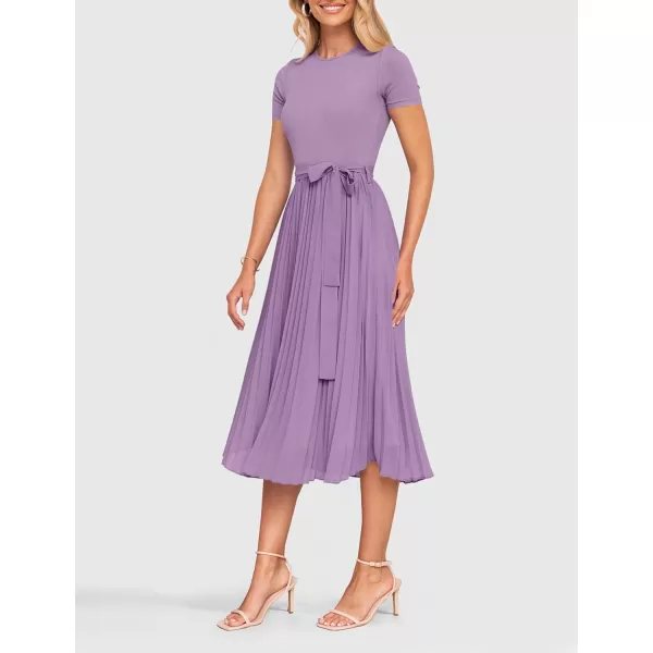 imageZESICA Womens 2024 Summer Casual Short Sleeve Crewneck Ribbed Knit Belted Chiffon Layered Pleated A Line Midi DressPurple