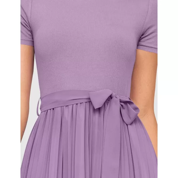 imageZESICA Womens 2024 Summer Casual Short Sleeve Crewneck Ribbed Knit Belted Chiffon Layered Pleated A Line Midi DressPurple