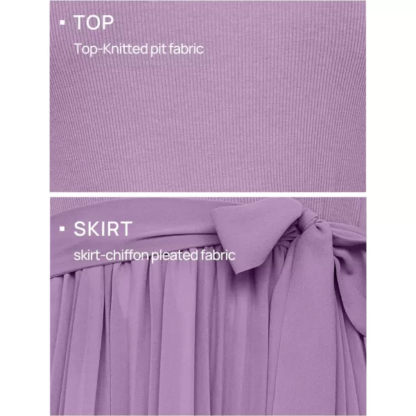imageZESICA Womens 2024 Summer Casual Short Sleeve Crewneck Ribbed Knit Belted Chiffon Layered Pleated A Line Midi DressPurple