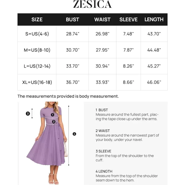imageZESICA Womens 2024 Summer Casual Short Sleeve Crewneck Ribbed Knit Belted Chiffon Layered Pleated A Line Midi DressPurple