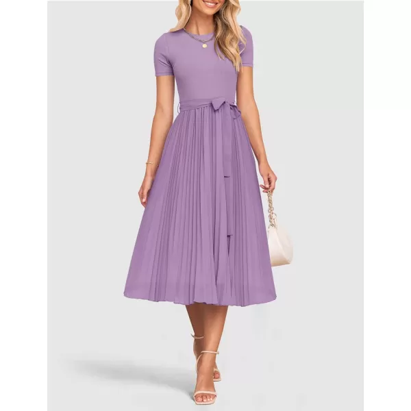 imageZESICA Womens 2024 Summer Casual Short Sleeve Crewneck Ribbed Knit Belted Chiffon Layered Pleated A Line Midi DressPurple