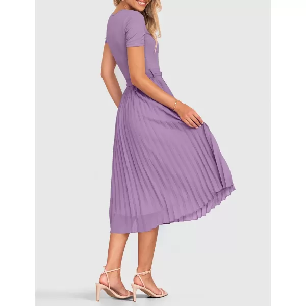 imageZESICA Womens 2024 Summer Casual Short Sleeve Crewneck Ribbed Knit Belted Chiffon Layered Pleated A Line Midi DressPurple