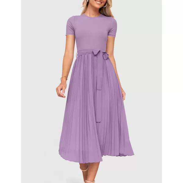 imageZESICA Womens 2024 Summer Casual Short Sleeve Crewneck Ribbed Knit Belted Chiffon Layered Pleated A Line Midi DressPurple