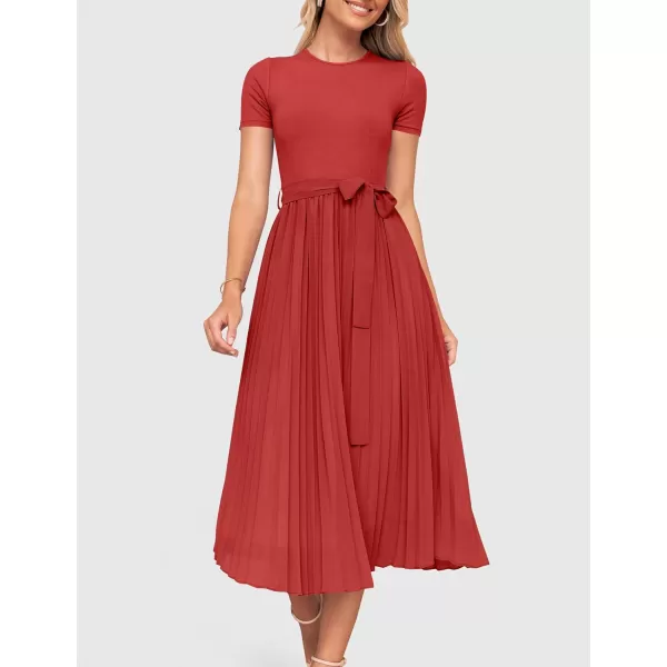 imageZESICA Womens 2024 Summer Casual Short Sleeve Crewneck Ribbed Knit Belted Chiffon Layered Pleated A Line Midi DressRed