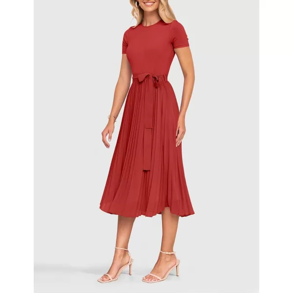 imageZESICA Womens 2024 Summer Casual Short Sleeve Crewneck Ribbed Knit Belted Chiffon Layered Pleated A Line Midi DressRed