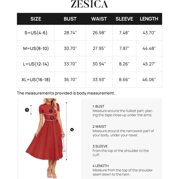 imageZESICA Womens 2024 Summer Casual Short Sleeve Crewneck Ribbed Knit Belted Chiffon Layered Pleated A Line Midi DressRed