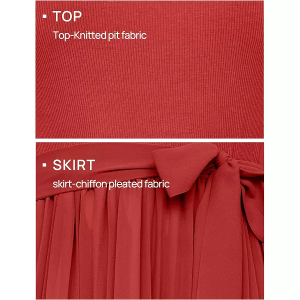 imageZESICA Womens 2024 Summer Casual Short Sleeve Crewneck Ribbed Knit Belted Chiffon Layered Pleated A Line Midi DressRed