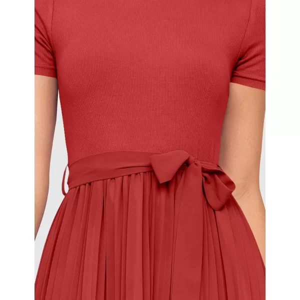 imageZESICA Womens 2024 Summer Casual Short Sleeve Crewneck Ribbed Knit Belted Chiffon Layered Pleated A Line Midi DressRed