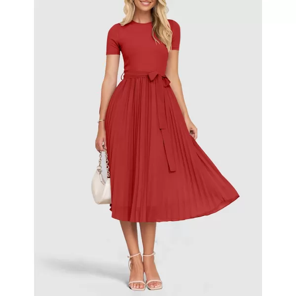 imageZESICA Womens 2024 Summer Casual Short Sleeve Crewneck Ribbed Knit Belted Chiffon Layered Pleated A Line Midi DressRed