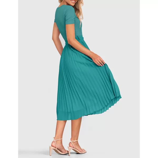 imageZESICA Womens 2024 Summer Casual Short Sleeve Crewneck Ribbed Knit Belted Chiffon Layered Pleated A Line Midi DressTurquoise