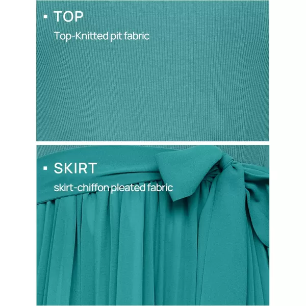 imageZESICA Womens 2024 Summer Casual Short Sleeve Crewneck Ribbed Knit Belted Chiffon Layered Pleated A Line Midi DressTurquoise