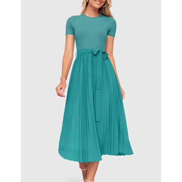 imageZESICA Womens 2024 Summer Casual Short Sleeve Crewneck Ribbed Knit Belted Chiffon Layered Pleated A Line Midi DressTurquoise