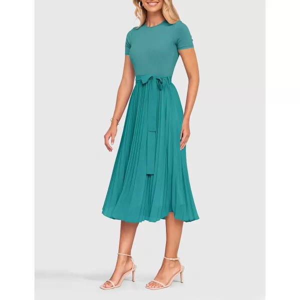 imageZESICA Womens 2024 Summer Casual Short Sleeve Crewneck Ribbed Knit Belted Chiffon Layered Pleated A Line Midi DressTurquoise