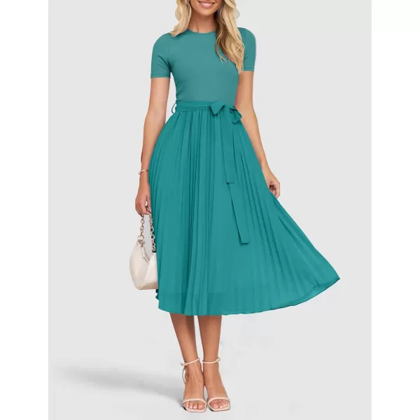 imageZESICA Womens 2024 Summer Casual Short Sleeve Crewneck Ribbed Knit Belted Chiffon Layered Pleated A Line Midi DressTurquoise
