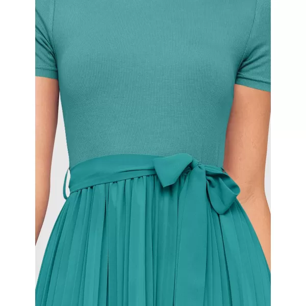 imageZESICA Womens 2024 Summer Casual Short Sleeve Crewneck Ribbed Knit Belted Chiffon Layered Pleated A Line Midi DressTurquoise