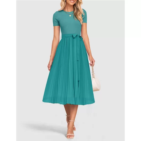 imageZESICA Womens 2024 Summer Casual Short Sleeve Crewneck Ribbed Knit Belted Chiffon Layered Pleated A Line Midi DressTurquoise