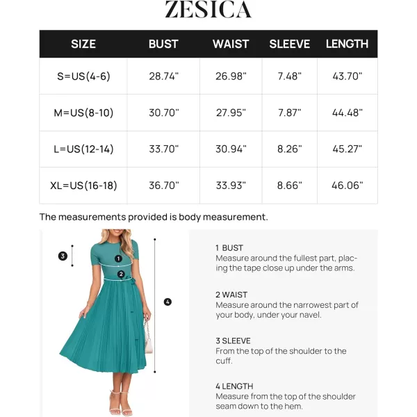 imageZESICA Womens 2024 Summer Casual Short Sleeve Crewneck Ribbed Knit Belted Chiffon Layered Pleated A Line Midi DressTurquoise