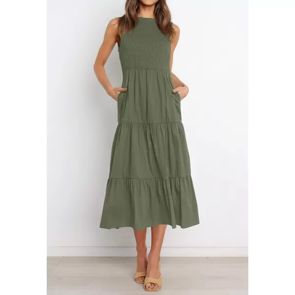 imageZESICA Womens 2024 Summer Casual Sleeveless Crew Neck Smocked High Waist Flowy Tiered A Line Midi DressArmygreen