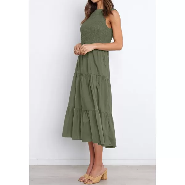imageZESICA Womens 2024 Summer Casual Sleeveless Crew Neck Smocked High Waist Flowy Tiered A Line Midi DressArmygreen