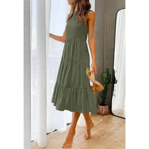 imageZESICA Womens 2024 Summer Casual Sleeveless Crew Neck Smocked High Waist Flowy Tiered A Line Midi DressArmygreen