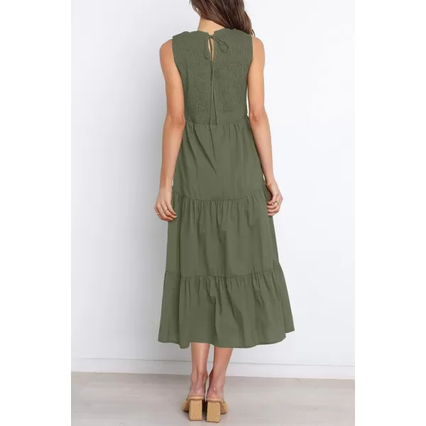 imageZESICA Womens 2024 Summer Casual Sleeveless Crew Neck Smocked High Waist Flowy Tiered A Line Midi DressArmygreen