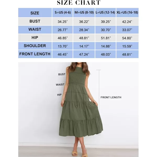 imageZESICA Womens 2024 Summer Casual Sleeveless Crew Neck Smocked High Waist Flowy Tiered A Line Midi DressArmygreen
