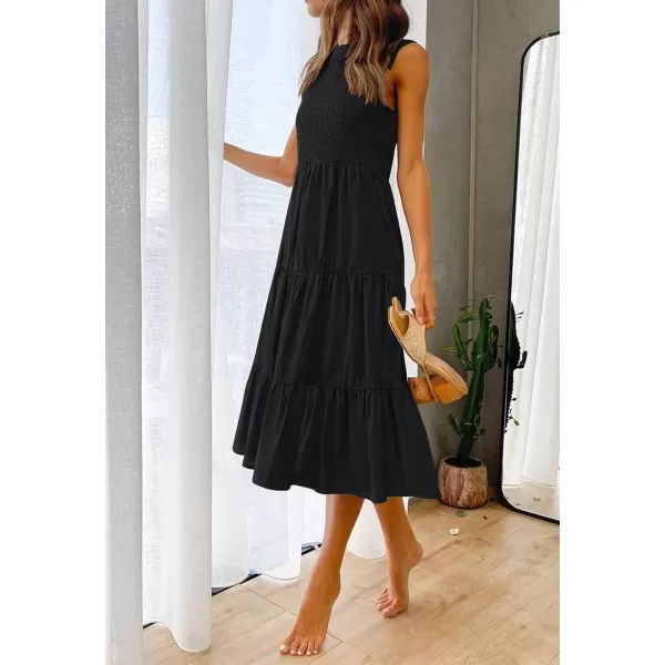 imageZESICA Womens 2024 Summer Casual Sleeveless Crew Neck Smocked High Waist Flowy Tiered A Line Midi DressBlack