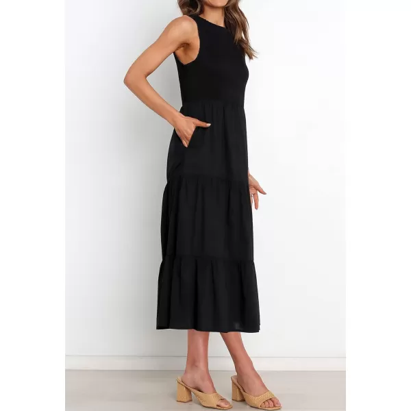 imageZESICA Womens 2024 Summer Casual Sleeveless Crew Neck Smocked High Waist Flowy Tiered A Line Midi DressBlack