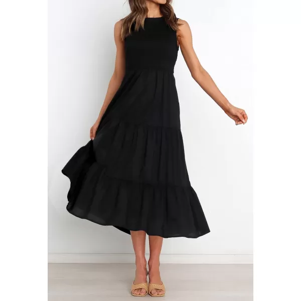 imageZESICA Womens 2024 Summer Casual Sleeveless Crew Neck Smocked High Waist Flowy Tiered A Line Midi DressBlack
