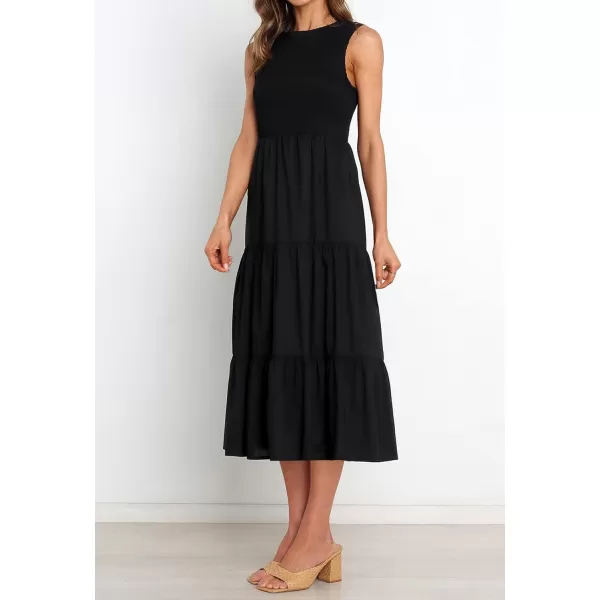imageZESICA Womens 2024 Summer Casual Sleeveless Crew Neck Smocked High Waist Flowy Tiered A Line Midi DressBlack