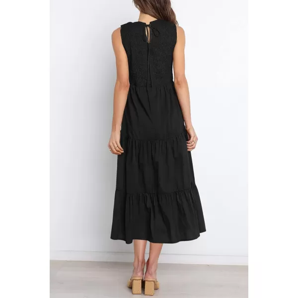 imageZESICA Womens 2024 Summer Casual Sleeveless Crew Neck Smocked High Waist Flowy Tiered A Line Midi DressBlack