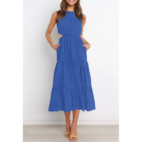 imageZESICA Womens 2024 Summer Casual Sleeveless Crew Neck Smocked High Waist Flowy Tiered A Line Midi DressCutoutroyalblue