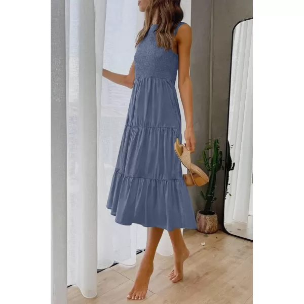 imageZESICA Womens 2024 Summer Casual Sleeveless Crew Neck Smocked High Waist Flowy Tiered A Line Midi DressDustyblue