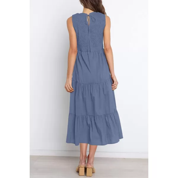 imageZESICA Womens 2024 Summer Casual Sleeveless Crew Neck Smocked High Waist Flowy Tiered A Line Midi DressDustyblue