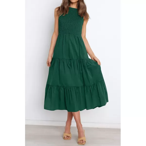 imageZESICA Womens 2024 Summer Casual Sleeveless Crew Neck Smocked High Waist Flowy Tiered A Line Midi DressForestgreen