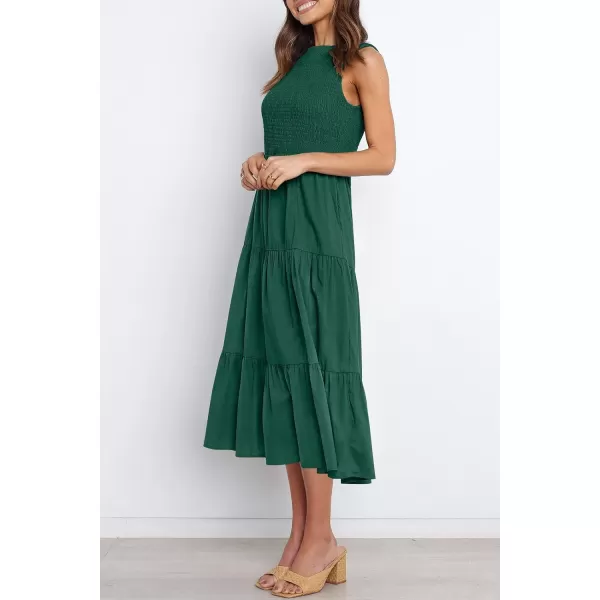 imageZESICA Womens 2024 Summer Casual Sleeveless Crew Neck Smocked High Waist Flowy Tiered A Line Midi DressForestgreen